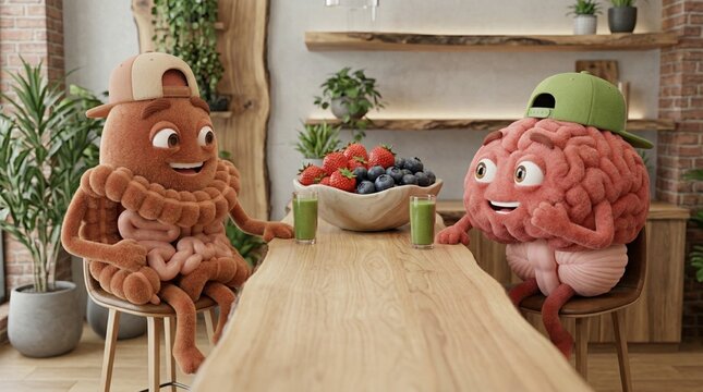 Happy brain and intestines enjoy breakfast in bright modern kitchen, hats tilted, bowl of mixed berries and fruit between them, energetic playful mood with laughter, one acting as chef mentor 
