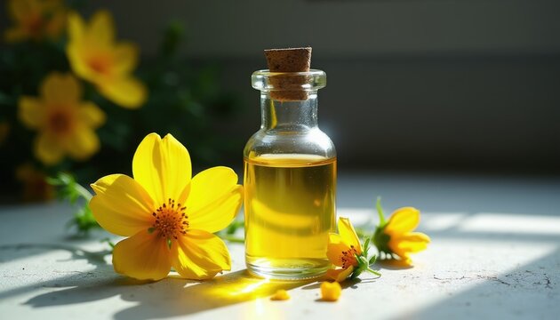 Glass bottle of yellow evening primrose oil rests on a table near blooming flowers. Natural ingredient for beauty, health, and wellness treatments.