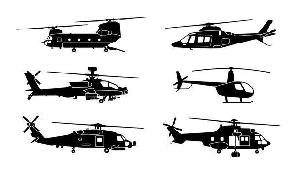 Military and civilian helicopter silhouettes, set of 6 aircraft vector icons, black aviation transport symbols for logistics and defense designs