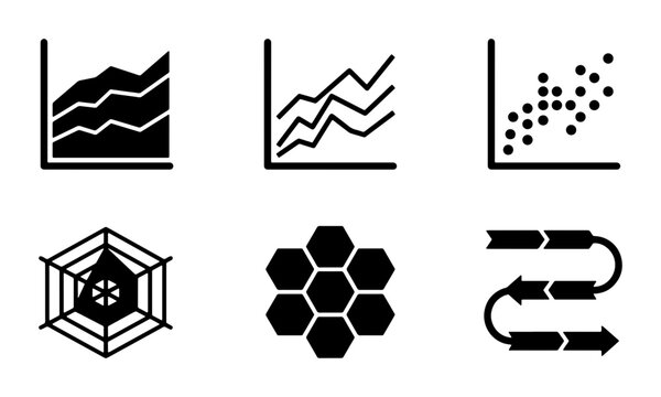 Minimalist business data visualization icons, set of 6 black vector charts and graphs, professional financial analytics and infographic elements
