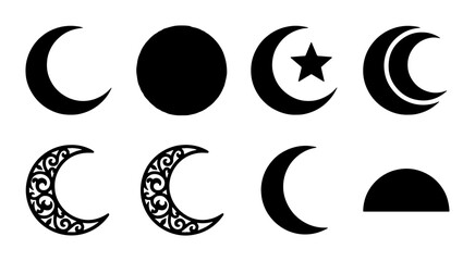 Celestial moon phases vector set, black crescent moon icons with stars and floral patterns, 8 lunar cycle silhouettes for mystical design © Shahin