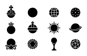 Minimalist celestial and royal sphere icons, set of 12 black vector symbols, astronomical planets and sovereign globes for graphic design © Lima