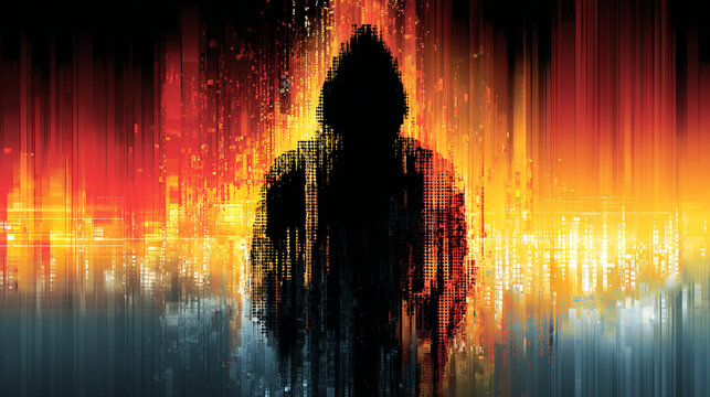 Abstract Silhouette of a Hooded Figure in Digital Matrix with Fiery Background for Cybersecurity Concepts
