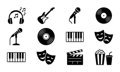 Minimalist music and entertainment icons set, black silhouette theater and cinema symbols, 12 vector elements for media and arts apps © Lima