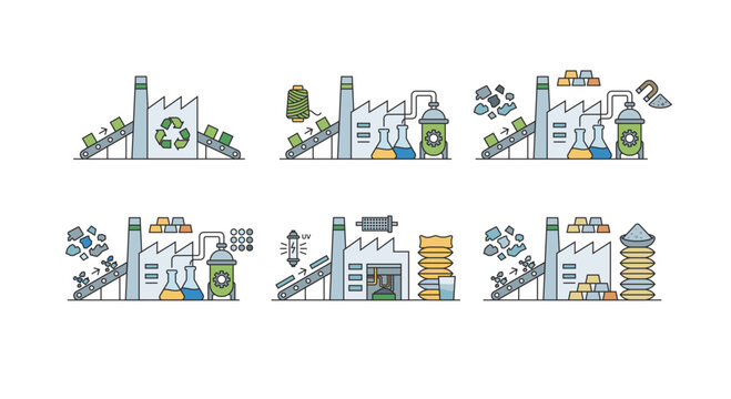 Material processing and waste recycling plant icons set, industrial mineral treatment and raw material recovery icons