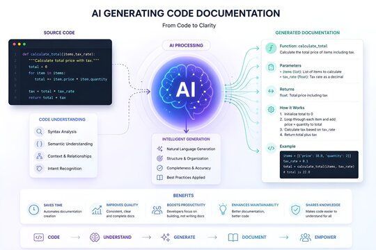 Ai generating code documentation concept with flow chart and icons, artificial