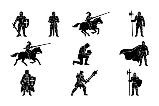 Medieval knight silhouettes set, 10 armored warrior icons with swords and shields, black crusader soldier vector graphics for gaming and history