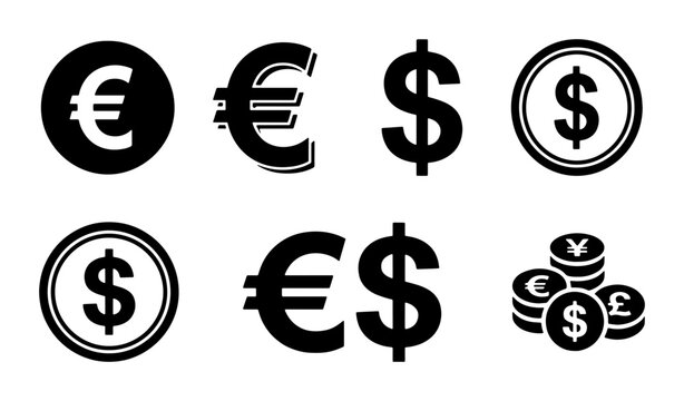 Currency symbol icon set with dollar and euro signs, black flat money vector elements, financial coin graphics for banking and e-commerce interfaces