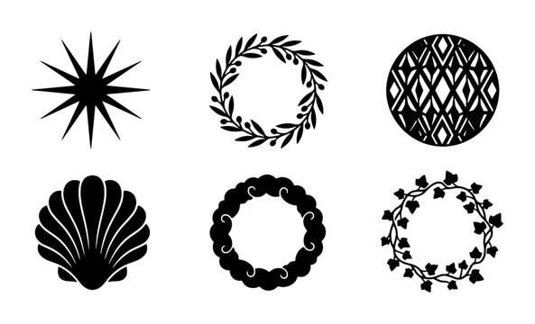 Minimalist black silhouette icons set, 6 decorative vector elements, botanical wreaths and celestial star symbols, elegant seashell and geometric circle