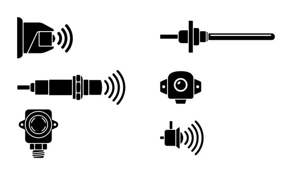 Industrial sensor icon set, black vector silhouettes of proximity and ultrasonic sensors, electronic measurement components for automation systems