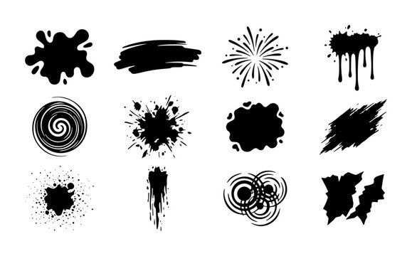 Grunge black ink splashes and paint splatter set, 12 abstract brush strokes and liquid drips, artistic ink blot vector collection for graphic design