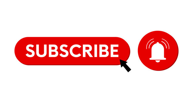 Subscribe Button and Bell Notification Icon with Clicker Arrow, Social Media Channel Subscription, Vector Element on Transparent Background.