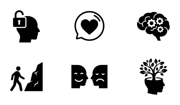 Mental health icons set, psychology and emotional intelligence vector symbols, human brain and mind growth illustrations for therapy and wellness