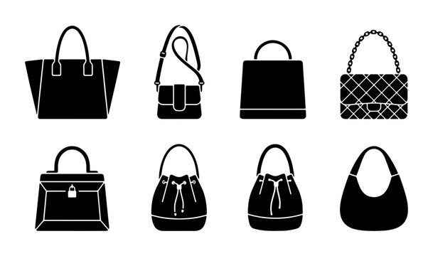 Fashion handbag icon set, black silhouette women bags and purses collection, 8 vector luxury accessory elements for retail and shopping design
