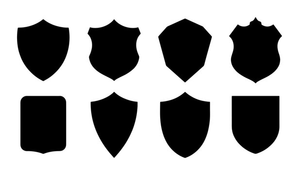 Heraldic shield silhouettes set, 8 black crest vector icons, medieval security badge shapes for logo design and branding identity