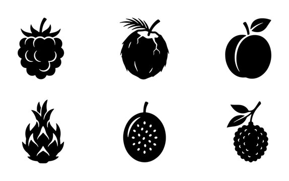 Minimalist black fruit icons set, 6 tropical fruit vector silhouettes, flat organic food symbols including dragon fruit coconut and raspberry