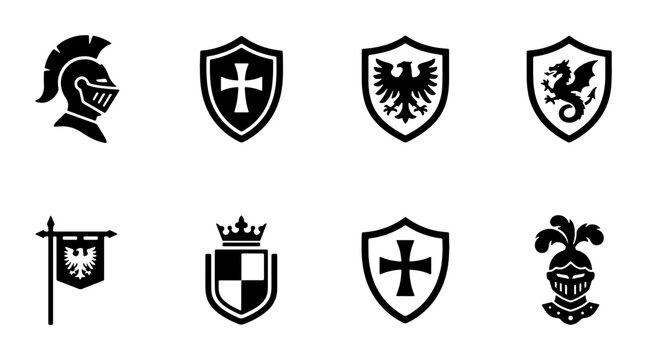 Medieval heraldry icons set, black knight helmet and shield silhouettes, 8 vector heraldic symbols with dragon and eagle crests for gaming