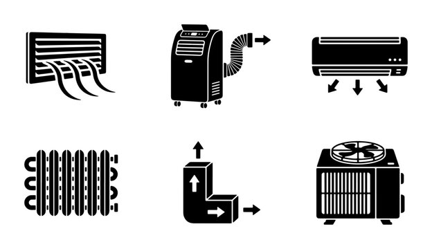 Air conditioning icon set, black HVAC system symbols, portable air conditioner and ventilation equipment vector, 6 cooling unit elements