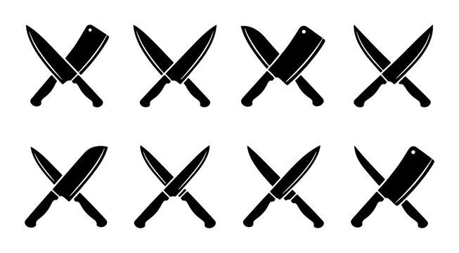 Professional crossed kitchen knives icons, set of 8 black chef knife and meat cleaver silhouettes, culinary restaurant logo vector elements