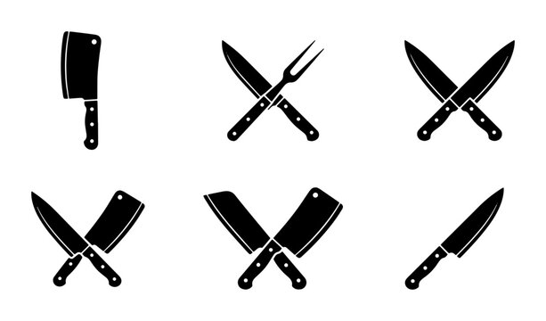Vintage butcher knife icons set, professional chef cutlery silhouettes, black kitchen cleaver and carving fork vector collection for restaurant branding