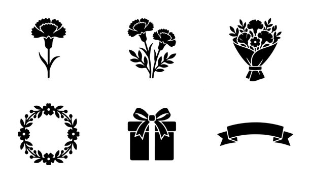 Carnation flower icon set, black silhouette floral bouquet and wreath vectors, 6 celebration elements including gift box and ribbon banner