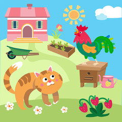 Fototapeta premium Kids vector illustration featuring cute cat and rooster in sunny farm garden. Colorful cartoon scene displays countryside house garden bed with sprouts and watering can creating cheerful atmosphere