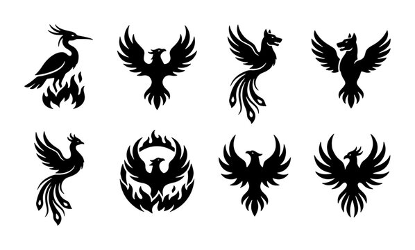 Phoenix bird silhouette icons set, mythical firebird vector graphics, 8 black heraldic eagle and phoenix symbols for logo design and branding