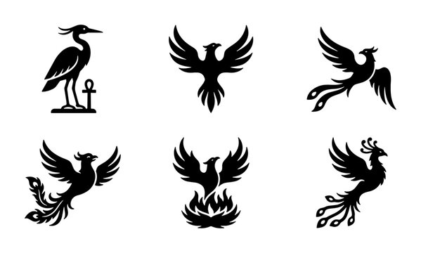 Mythical phoenix bird silhouettes set, 6 ancient egyptian and fantasy firebird icons, black heraldic eagle and heron vector graphics for logo design