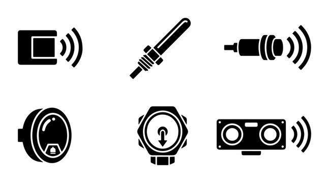 Industrial sensor icon set, black solid vector symbols for ultrasonic and proximity sensors, automation hardware components for engineering diagrams