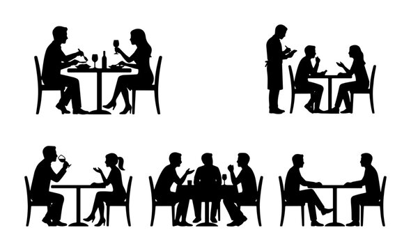 Restaurant dining silhouettes set, people eating at cafe tables vector collection, black figures of couples and friends having dinner in bistro