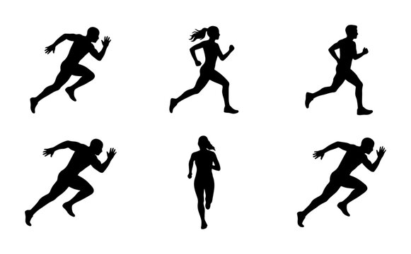 Running silhouette set of male and female athletes, sprinting people vector icons, jogging man and woman figures for fitness and marathon sports design