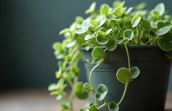 Green peperomia plant in dark pot. Trailing stems with round leaves grow indoors. This houseplant adds natural decor to home spaces. It needs light.
