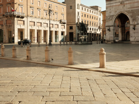 Piazza Cavalli with equestrian statue and Palazzo Gotico in Piacenza Italy