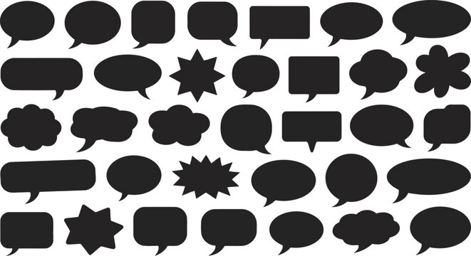 A comprehensive set of black speech bubbles and thought clouds for communication design