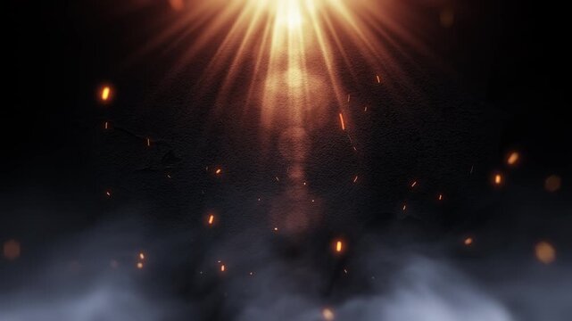 Golden light rays pierce through dark smoke with glowing fiery particles