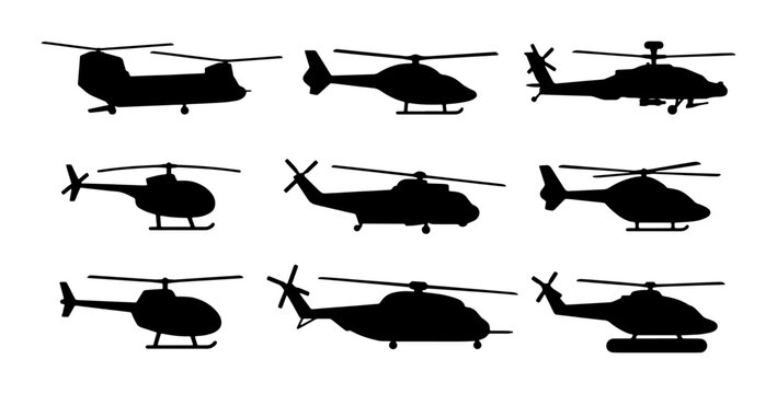 Helicopter silhouette set with 9 vector icons, military and civilian chopper aircraft collection, black aviation transport shapes for infographics
