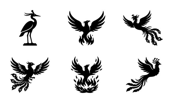 Mythical phoenix bird silhouettes, set of 6 black firebird icons, legendary creature vector illustrations for logo design and branding