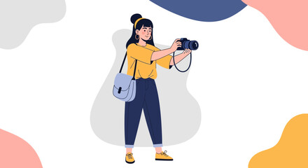 Fototapeta premium Young Woman Photographer Capturing Moments with Camera, Casual Style, Abstract Background