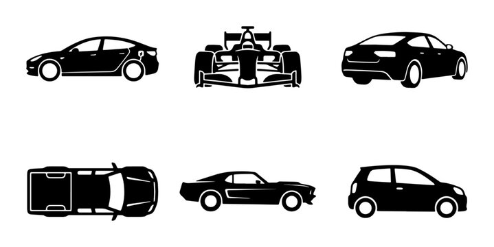 Black car silhouette icons set, modern vehicle vector illustrations, automotive transport symbols including sedan sports car and racing bolide