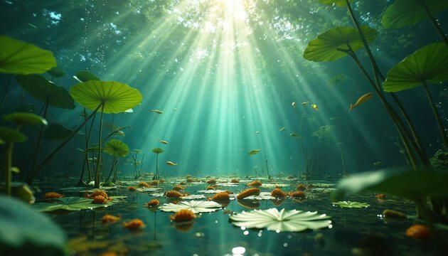 Underwater view of pond with lily pads and small fish swimming. Sun rays shine through water creating a magical atmosphere. Orange frog spawn clusters rest on surface.