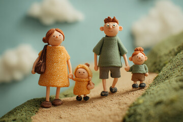 Naklejka premium Clay animation style, a family standing down the hill