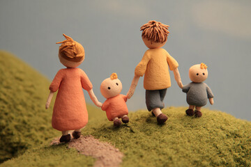Naklejka premium Clay animation style, a family walking down the hill