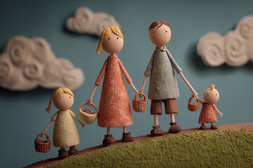 Naklejka premium Clay animation style, a family standing down the hill