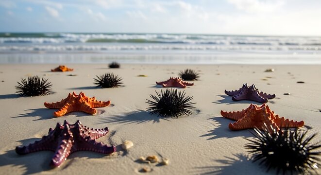 Starfish and sea urchins on sandy beach