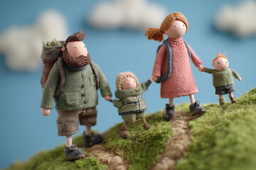 Fototapeta premium Clay animation style, a family walking down the hill