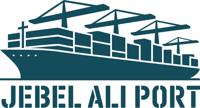 Bold stencil emblem of a cargo ship with cranes in black on white with supply chain, hewlett packard
