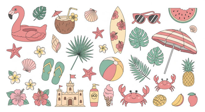 Summer Beach Vector Set with Flamingo Float, Coconut Drink, Surfboard, Watermelon, Sunglasses and Tropical Clipart Collection