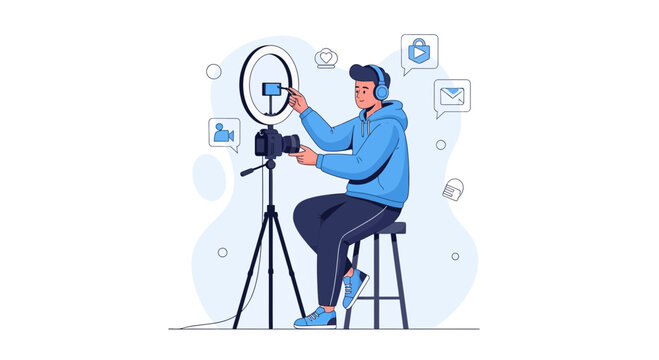 Vlogger filming with ring light and camera, social media icons, online content creation