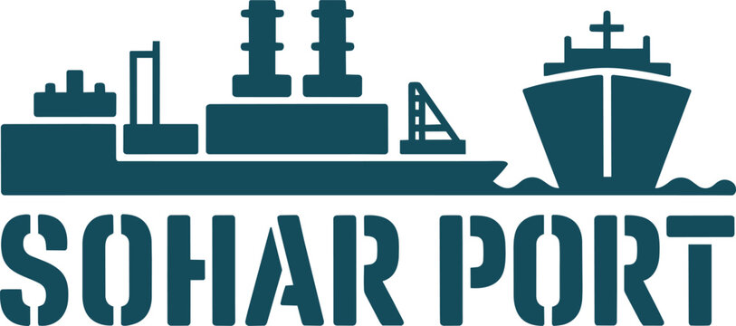 Sohar Port industrial stencil mark with cargo ship and smokestacks on white background, dark blue