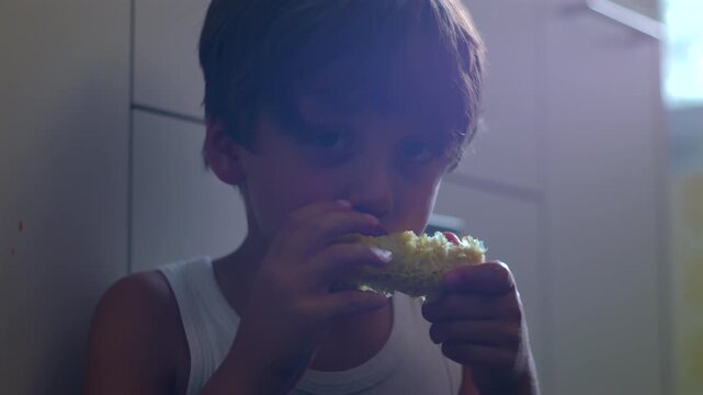 Young boy eating corn on cob while looking toward camera creating direct connection playful awareness and candid childhood moment during relaxed home meal